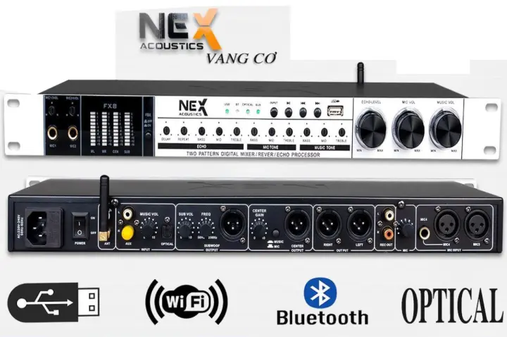vang cơ chống hú, mixer karaoke, Vang Cơ NEX Acoustics FX8 Siêu Tích Hopwk Bluetooth,Cổng Quang Optical, Cổng RCA,Kết Nối Cổng USB