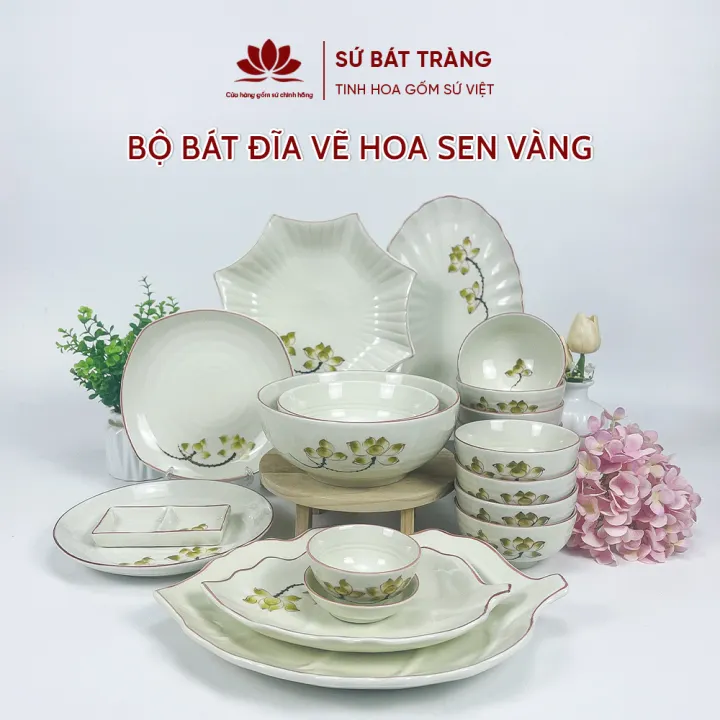 Bộ bát đĩa cao cấp Bát Tràng set 11, 16, 21 sản phẩm  - Họa tiết hoa sen vàng