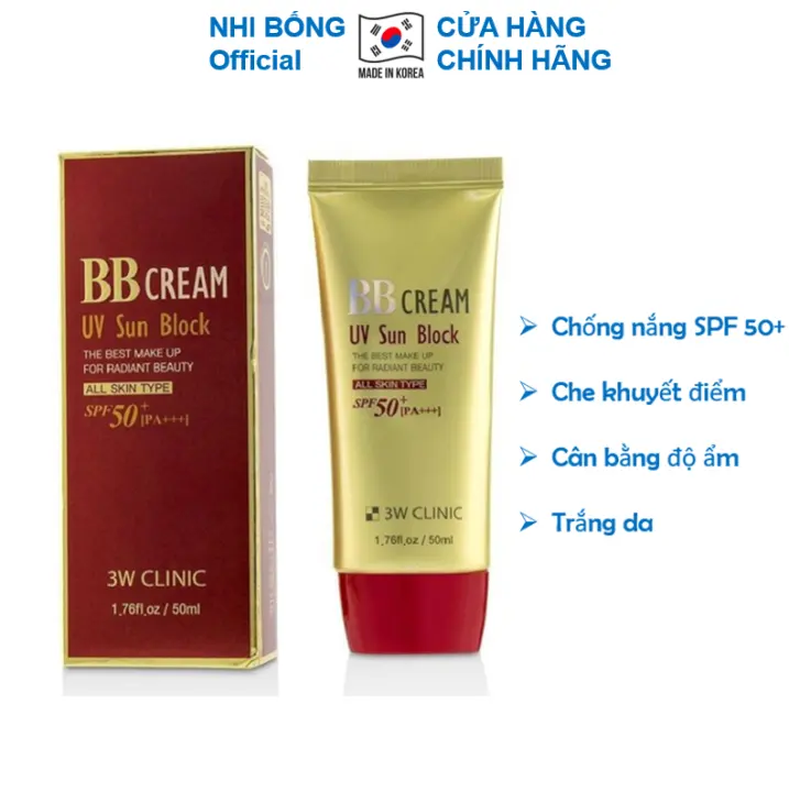 Kem nền trang điểm chống nắng BB Cream UV Sunblock 3W Clinic Hàn Quốc SPF 50+PA+++ 50ml Giúp bảo vệ da giúp da trắng sáng tự nhiên KN09