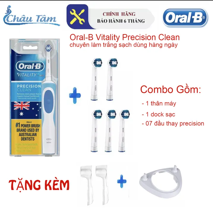 Combo Bàn chải điện Oralb Vitality Precision Clean + 5 đầu bàn chải (Tặng kèm 1 Giá cắm sạc và 2 nắp đậy đầu chải)