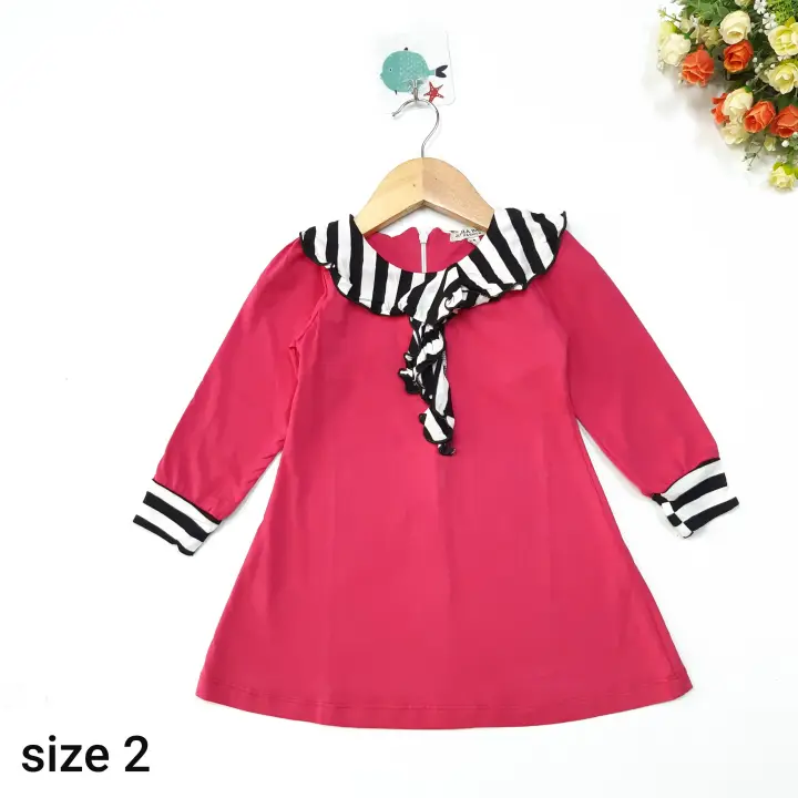D297M1- Váy bé gái cotton, tay day bèo phối kẻ, màu hồng, size bé 2, made in Việt Nam