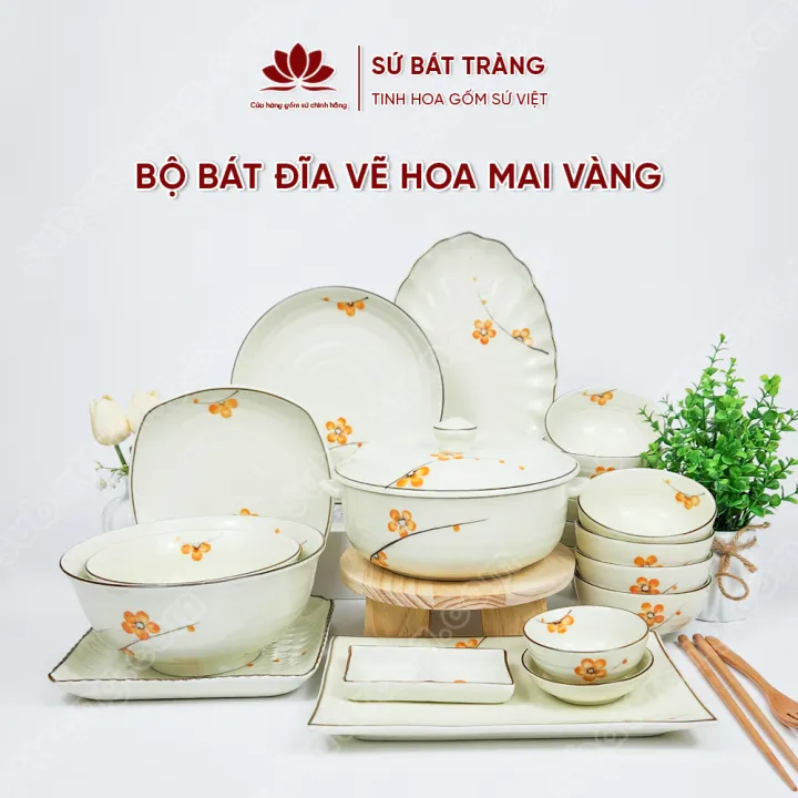 Bộ bát đĩa vẽ hoa mai vàng cao cấp Bát Tràng