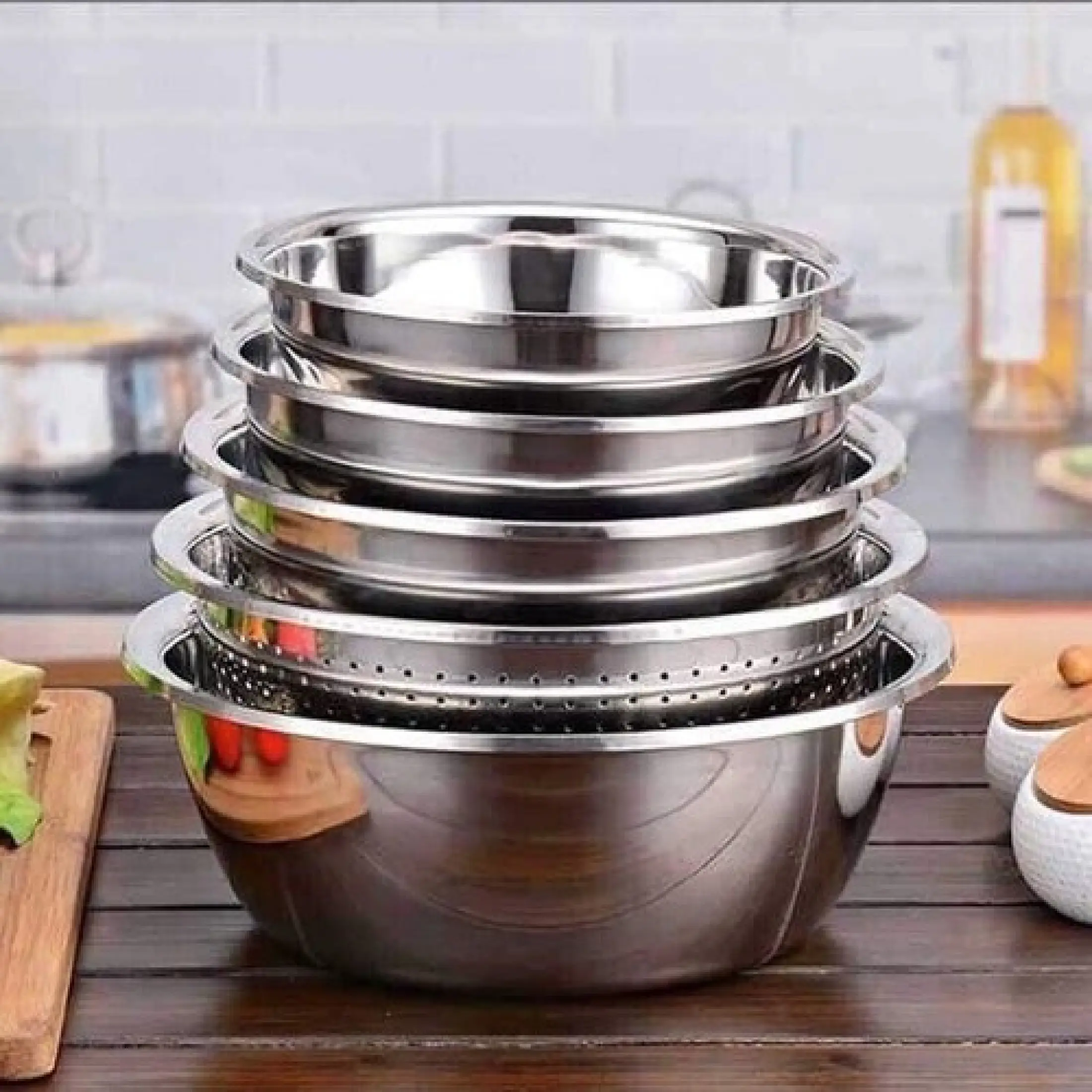 Bộ 5 chậu rửa inox đa năng tiện dụng cho mọi nhà, chậu inox đủ size xuất nhật dùng cho nhà bếp, sét 5 món, 1 rổ rửa rau, hoa quả và 4 chậu/ bát to bằng inox size 20 đến 26cm