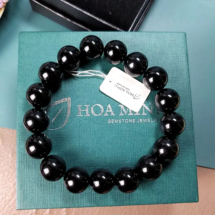 Vòng tay phong thủy đá Mã Não đen onyx size 12 li phù hợp phong thủy mệnh Thủy Mộc | Hoa Minh Gem