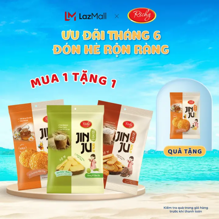 [TẶNG BÁNH GẠO] Combo snack giòn rụm - Bánh gạo Jinju Hàn Quốc mật ong, cốm sữa, bò tiêu Richy