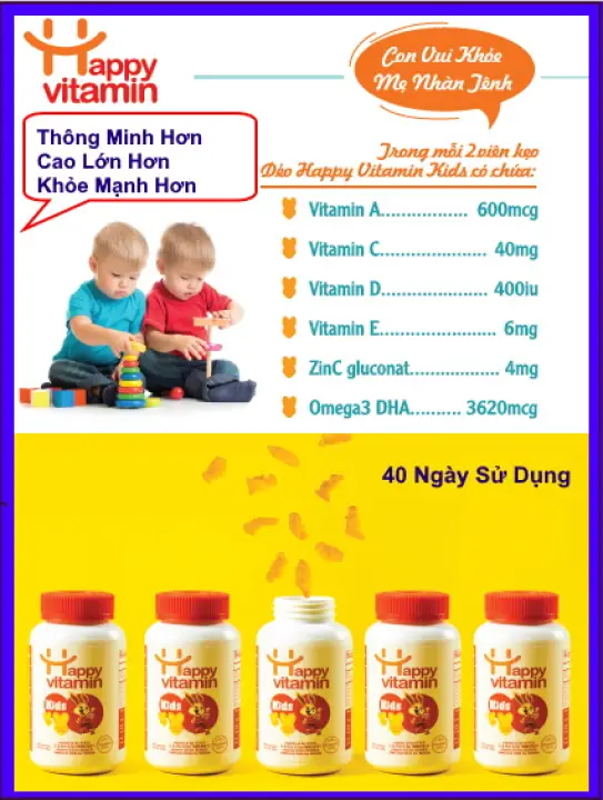 Kẹo dẻo Vitamin Kid :Vitamin A,C,D,E, Omega3 DHA – Giúp bé phát triển não bộ, tăng chiều cao,tăng sức đề kháng,sáng mắt , răng chắc khỏe, ăn ngon… – Happy Vitamin KIDS >>> top1shop >>> lazada.vn