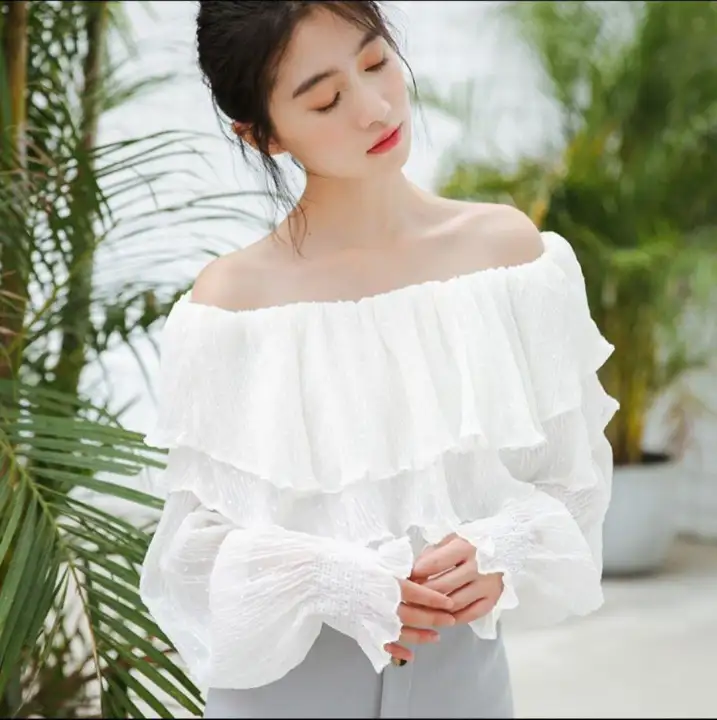 Áo trễ vai phối bèo tầng xinh xắn, chất voan đẹp y hình 11257-1 ( MÀU TRẮNG  ) | Lazada.vn