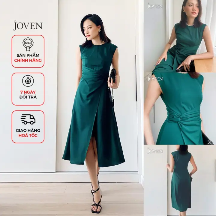 JOVEN Đầm Dài Martha Độn Vai Nhún Eo Trẻ Trung Thanh Lịch