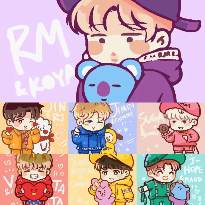 Tranh tô màu số hóa Chibi BTS/BT21 20x20cm không hộp, đã căng khung và BTS 40x50cm