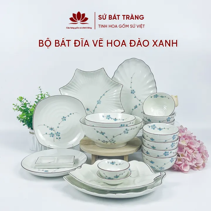 Bộ bát đĩa cao cấp Bát Tràng set 11, 16, 21 sản phẩm - Họa tiết hoa đào xanh