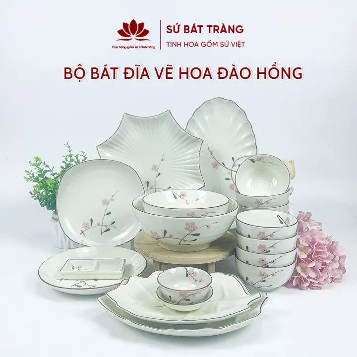 Bộ bát đĩa cao cấp Bát Tràng set 11, 16, 21 sản phẩm - Họa tiết hoa đào hồng