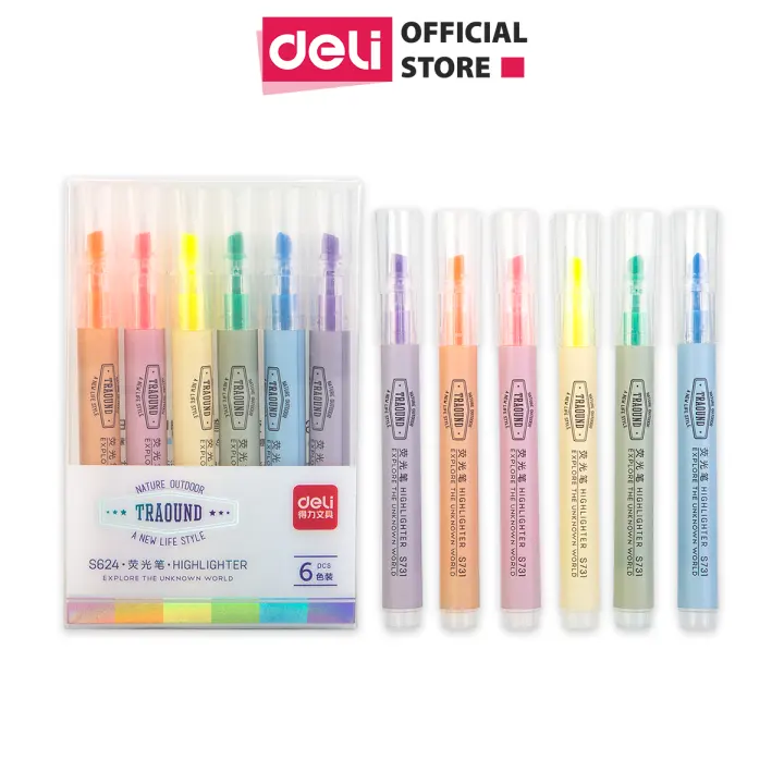 Bút highlight dấu dòng 6 màu xinh xắn Deli – bút dạ quang, bút nhớ dòng học sinh- 6c/hộp - S624