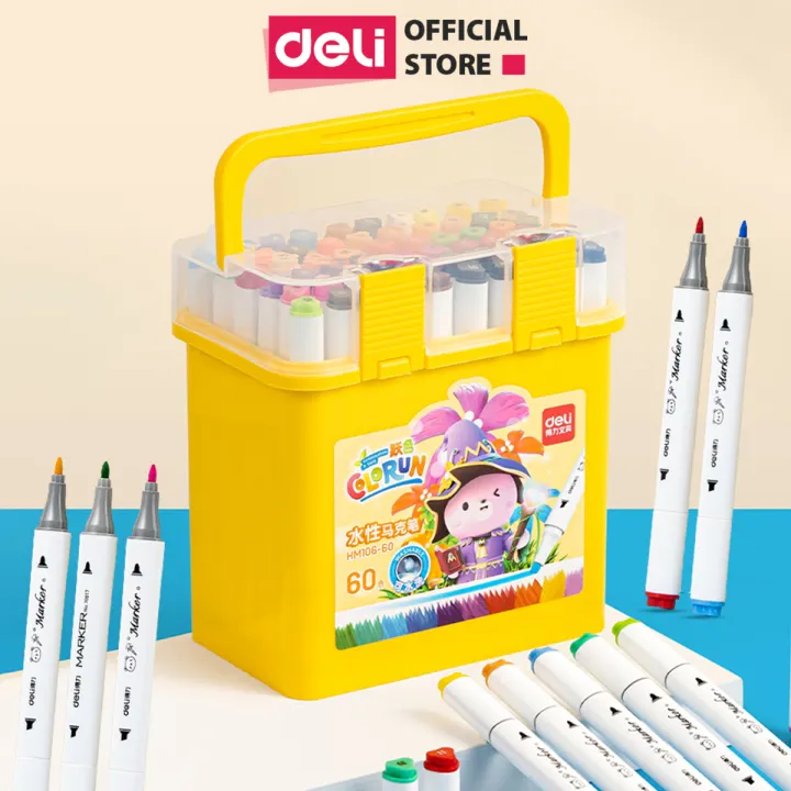 Bút Màu Dạ Marker 2 Đầu Cho Học Sinh Deli - 12/24/36/48/60 Màu Có Thể Rửa, Giặt Sạch Calligraphy Tô Màu Đi Nét Vẽ Tranh - HM106