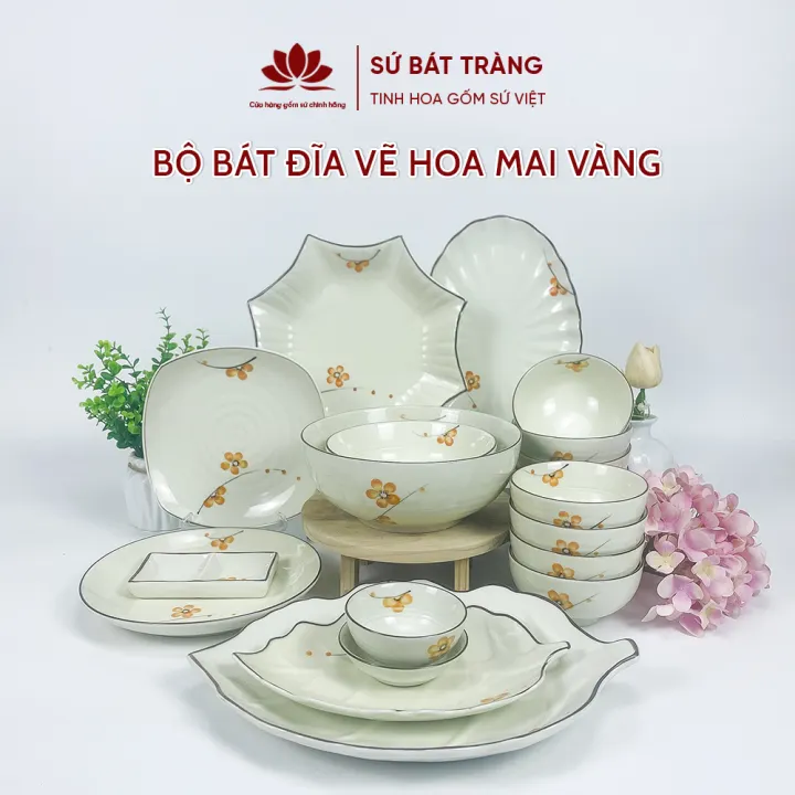 Bộ bát đĩa cao cấp Bát Tràng set 11, 16, 21 sản phẩm - Họa tiết hoa mai vàng