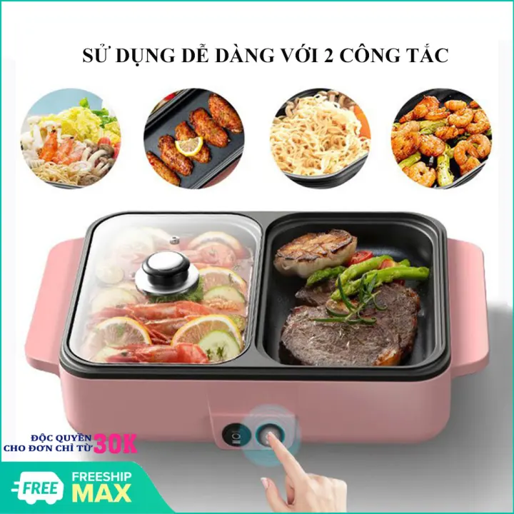 Nồi lẩu điện mini 2 ngăn đa năng, Nồi nướng điện siêu tốc chống dính thế hệ mới, 2 chế độ nấu nhanh, tiết kiệm điện, dễ vệ sinh, tiện dụng cho mọi gia đình