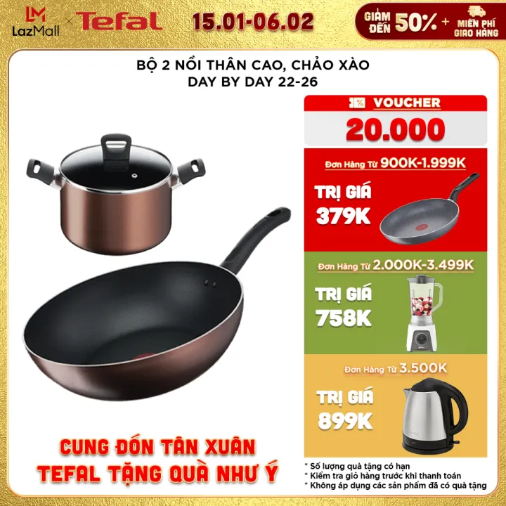 Combo Nồi thân cao Tefal Day By Day 22cm G1436105 và Chảo xào Tefal Day By Day 26cm G1437705