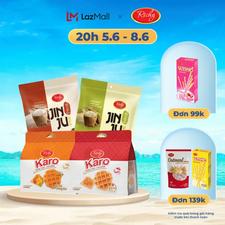 Combo HƯƠNG VỊ TÌNH THÂN: 2 gói Karo 2 vị, 1 gói Jinju bò, 1 gói Jinju Cốm - bánh kẹo Richy