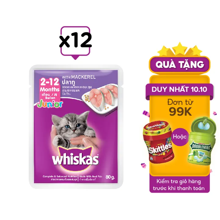 WHISKAS® Thức ăn cho mèo con dạng sốt vị cá thu 80g (12 gói)