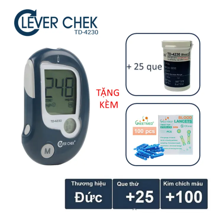 Máy đo đường huyết Clever Chek TD4230 theo dõi tiểu đường tại nhà công nghê Đức