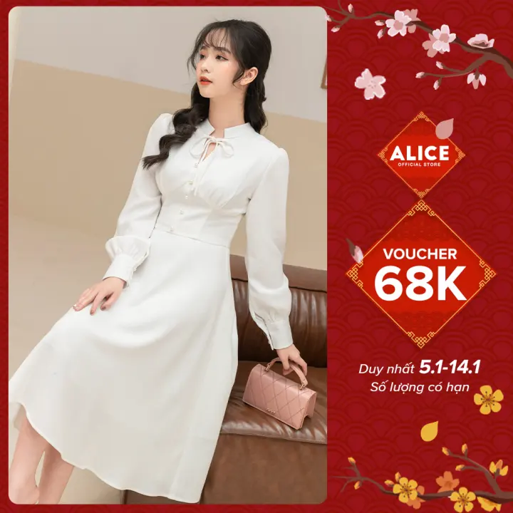 Váy Tiểu Thư Đính Ngọc ALICE Chất Vải Dạ Mềm Lót Lụa, Màu Trắng Tinh Khôi Phối Kiểu Dáng Điệu Đà Thanh Lịch V745 – Alice >>> top1shop >>> lazada.vn