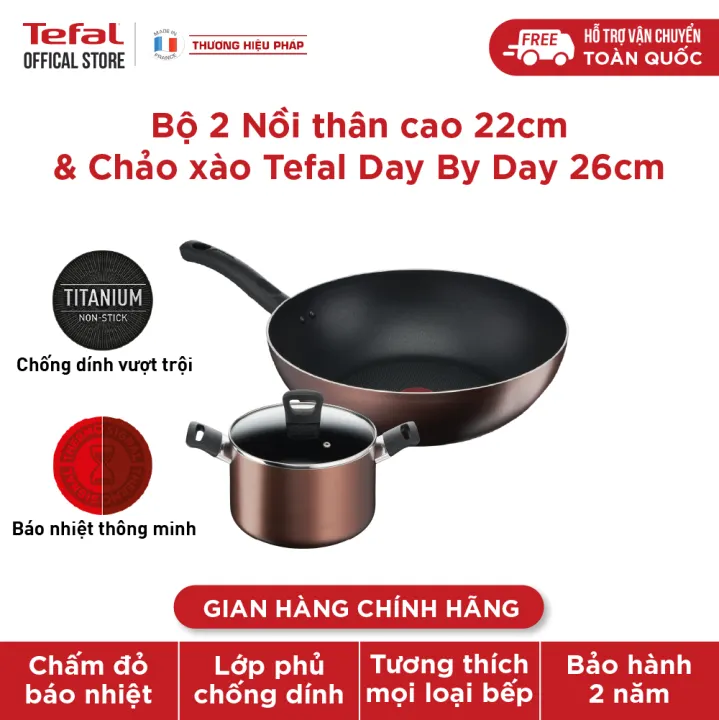 Combo Nồi thân cao Tefal Day By Day 22cm G1436105 và Chảo xào Tefal Day By Day 26cm G1437705