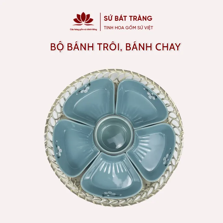 Bộ hoa mặt trời nhỏ đựng bánh trôi, bánh chay vẽ hoa đào trắng cao cấp Bát Tràng
