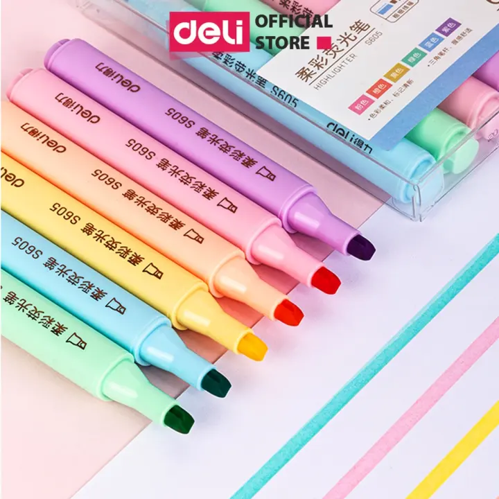 Bút highlight nhớ dòng dạ quang Macaron Deli – bút đánh dấu, bút hilighter cho học sinh ,6 chiếc/ hộp- S605