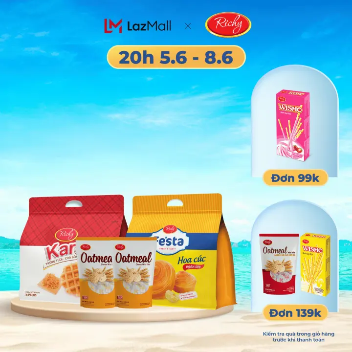 [DEAL HOT 77K] Combo bánh karo sợi gà tươi, bánh mì hoa cúc tươi ngàn lớp Fes'ta Richy,  bánh yến mạch oatmeal vị phô mai 35g - Bánh kẹo Richy