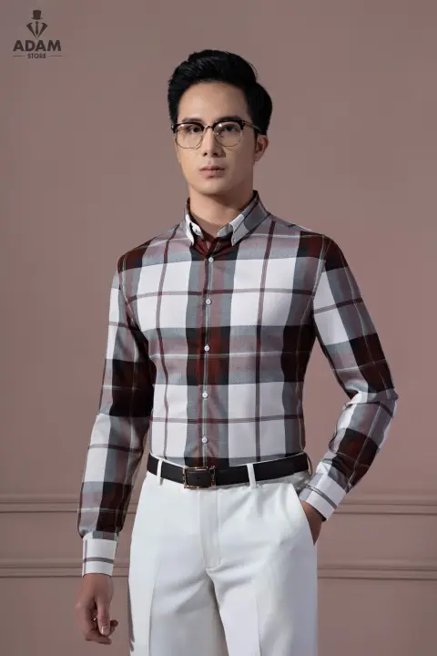 Áo sơ mi Adam Store họa tiết kẻ be đỏ SMC064