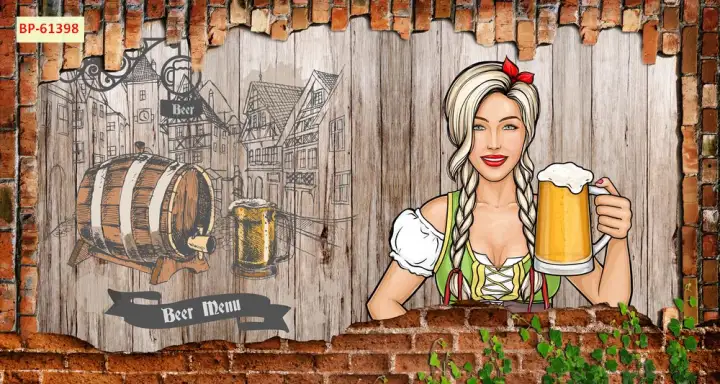 Tranh dán tường quán nhậu quán bia ăn uống vui nhộn 3D