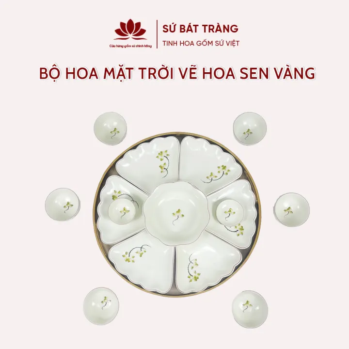 Bộ bát đĩa thờ cúng hoa mặt trời vẽ hoa sen vàng cao cấp Bát Tràng - Bộ 7 và 15 món