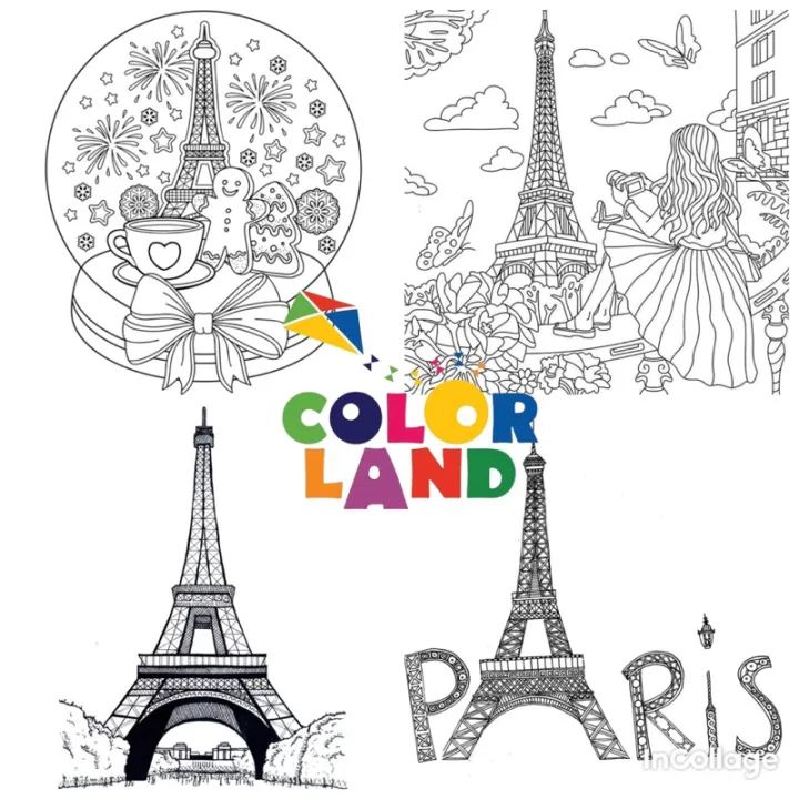 Tháp Eiffel - Set 10 Tờ Tranh Tô Màu A4 A5 Dành Cho Màu Sáp, Màu Chì - TRANH TÔ MÀU COLOR LAND