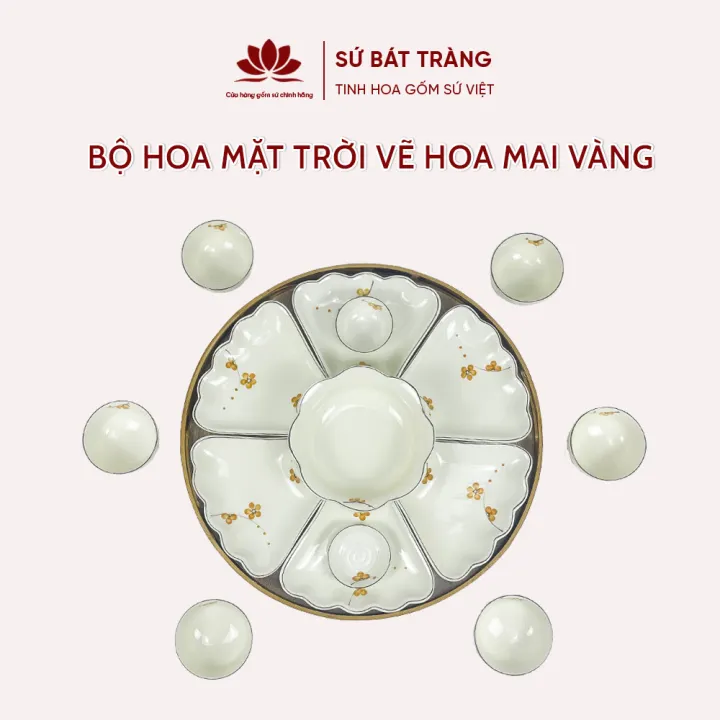 Bộ bát đĩa thờ cúng hoa mặt trời vẽ hoa mai vàng cao cấp Bát Tràng - Bộ 7 và 15 món