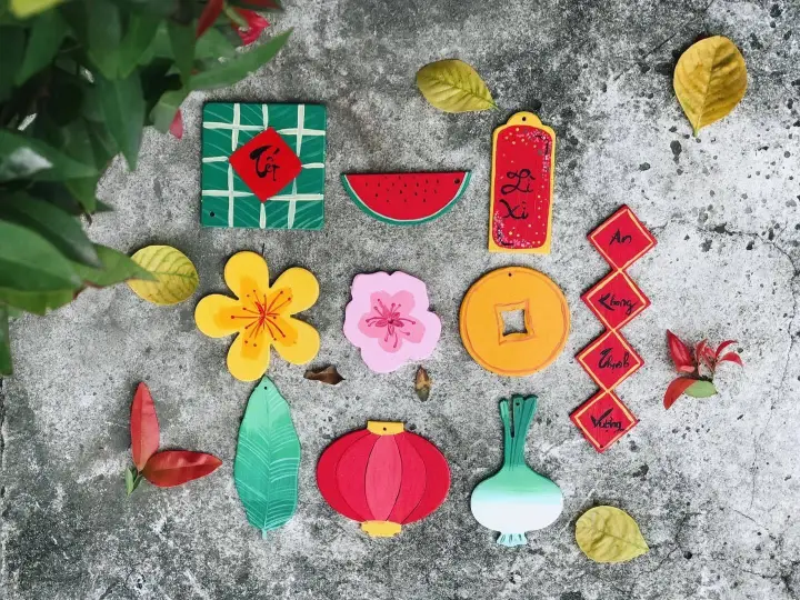 Set 10 Món Tô Màu Tết Bằng Gỗ(Tăng màu, cọ, dây treo) Phụ Kiện Trang Trí Tết Cho Bé Thỏa Sức Sáng Tạo, Trang Trí Nhà Cửa