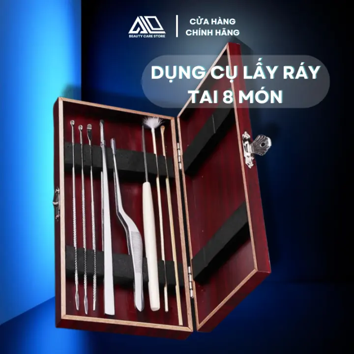 Dụng cụ lấy ráy tai 8 món cao cấp, nhíp lấy ráy tai, bộ ngoáy tai hộp gỗ chuyên nghiệp