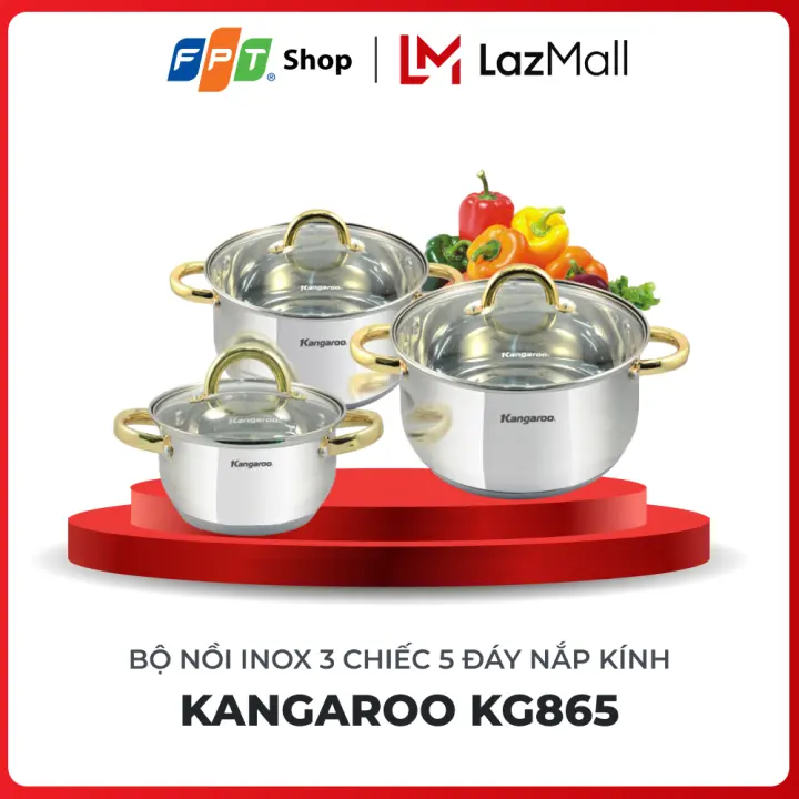 [Hàng chính hãng] Bộ nồi inox 3 chiếc 5 đáy nắp kính Kangaroo KG865 - 00788643 - Mới 100%